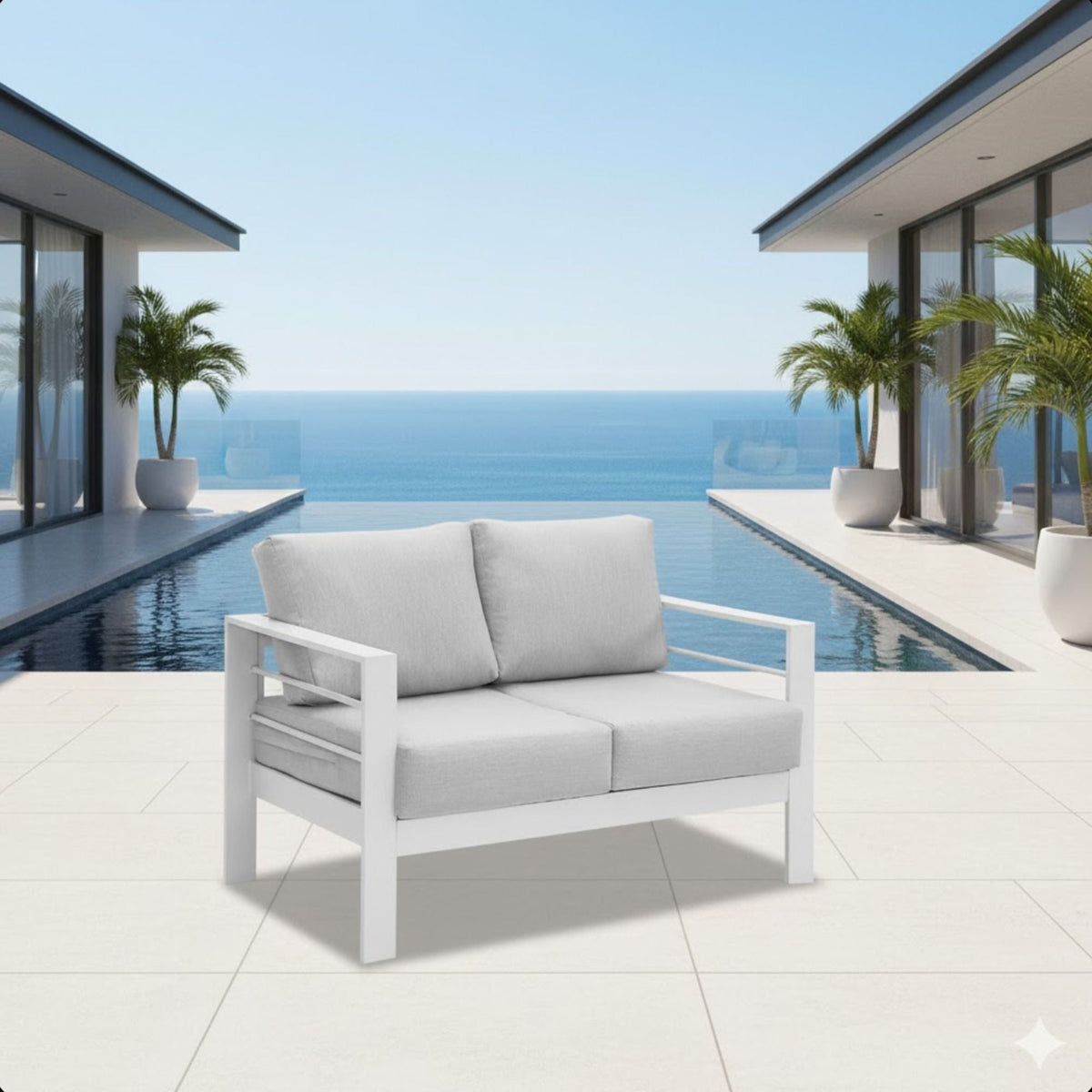 All-Weather Patio Loveseat by HouseOfZazla with thick gray cushions, white frame on Tampa Home & Garden Store