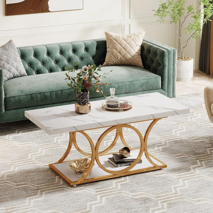 Rectangle coffee table with white marble top, 2-tier shelf, gold geometric curved legs on Tampa Home & Garden Store