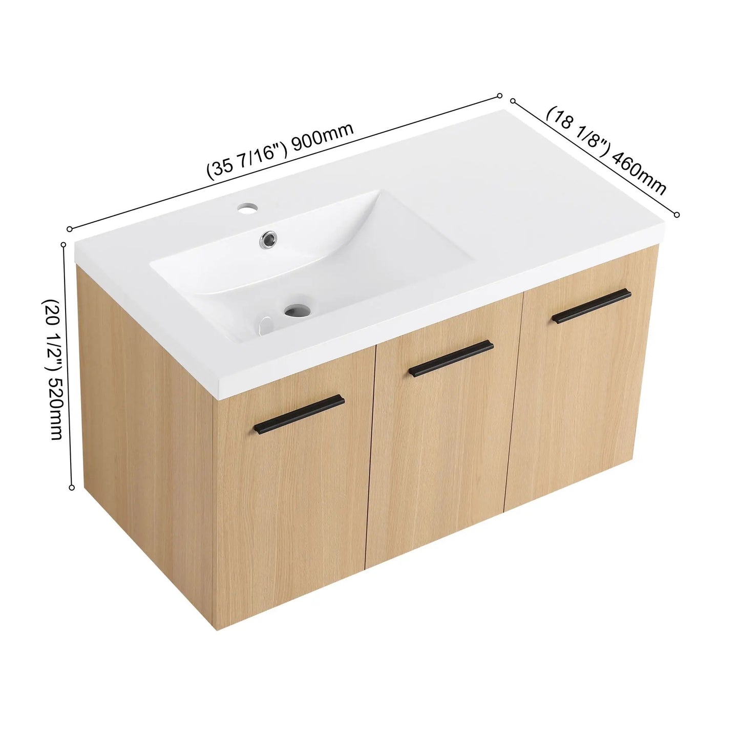Wall Mounted Floating Vanity with Sink, 3 Doors