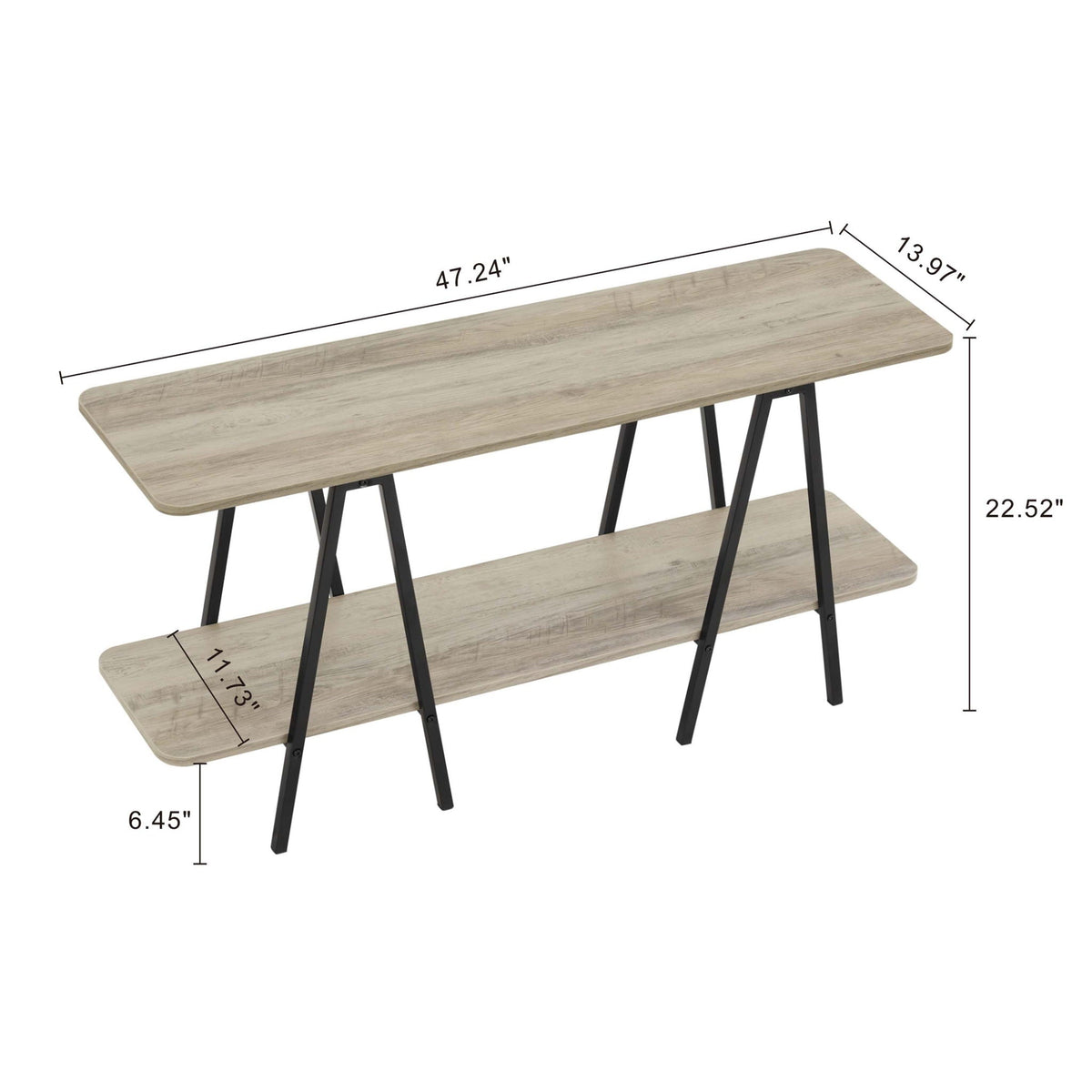 Modern console table with gray wood top and black carbon steel legs on Tampa Home & Garden Store