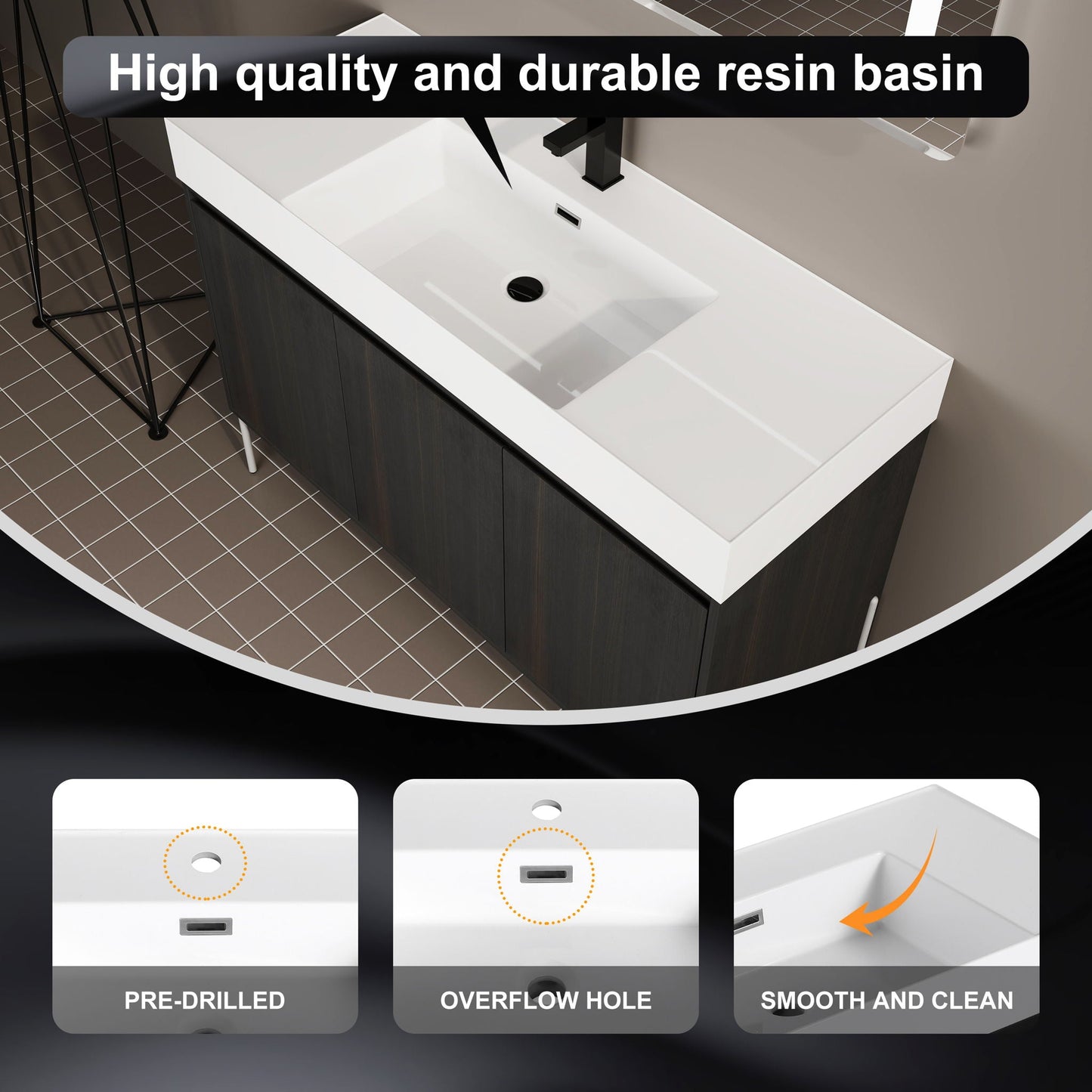 Freestanding bathroom vanity with white resin sink and dark wood storage cabinet by HouseOfZazla on Tampa Home & Garden Store