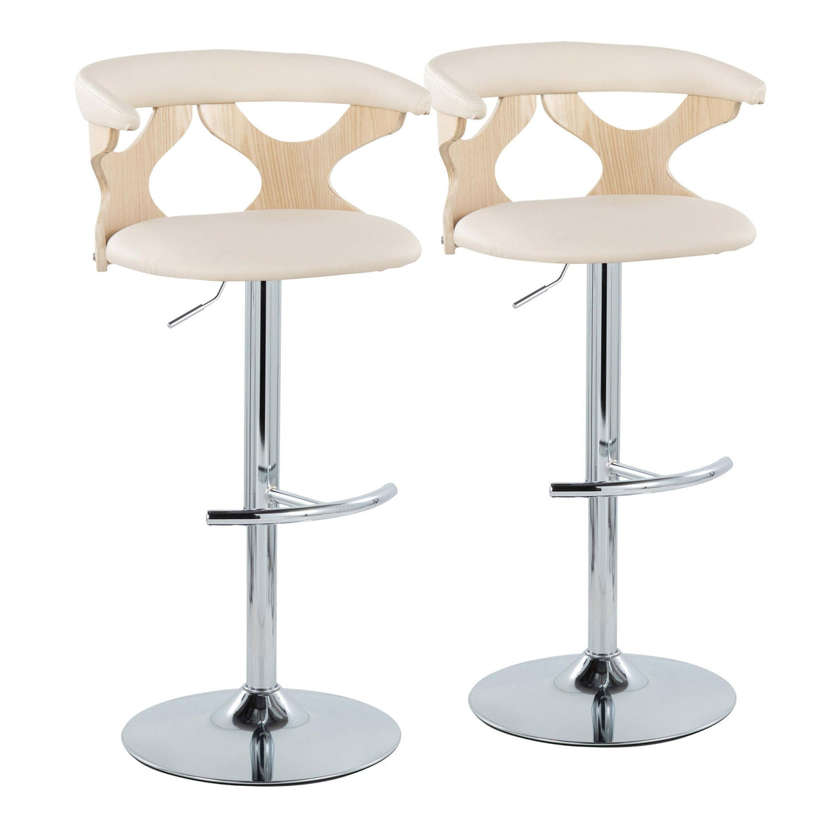 Contemporary adjustable barstool set with swivel beige upholstery wood backs chrome bases pair on Tampa Home & Garden Store