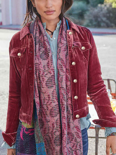 Casual Button-Up Long Sleeve Trucker Jacket burgundy velvet with chest pockets Stevvex on Tampa Home & Garden Store