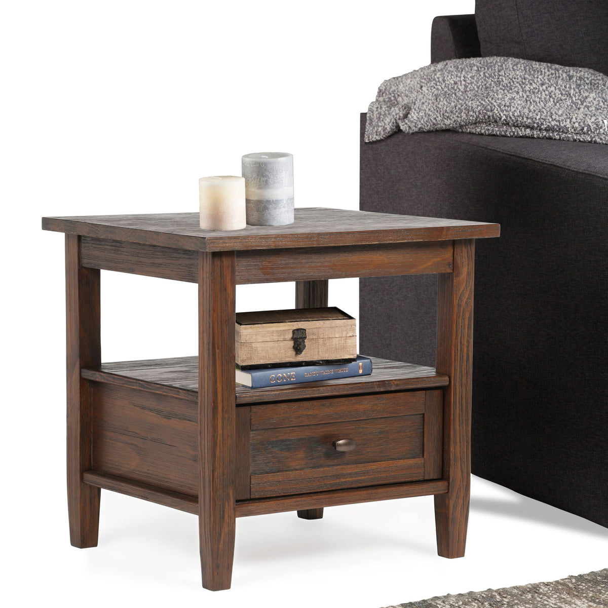 Warm Shaker coffee table with drawer and shelf in dark wood with decorative candles on top on Tampa Home & Garden Store