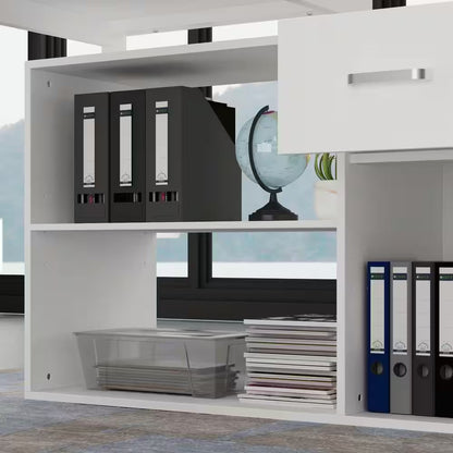 55.1" W : L-Shaped White Finish 1-Drawer Wooden Commercial Writing Desk with Open Shelves and Eco-Friendly Paint Finish - Tampa Home & Garden Store