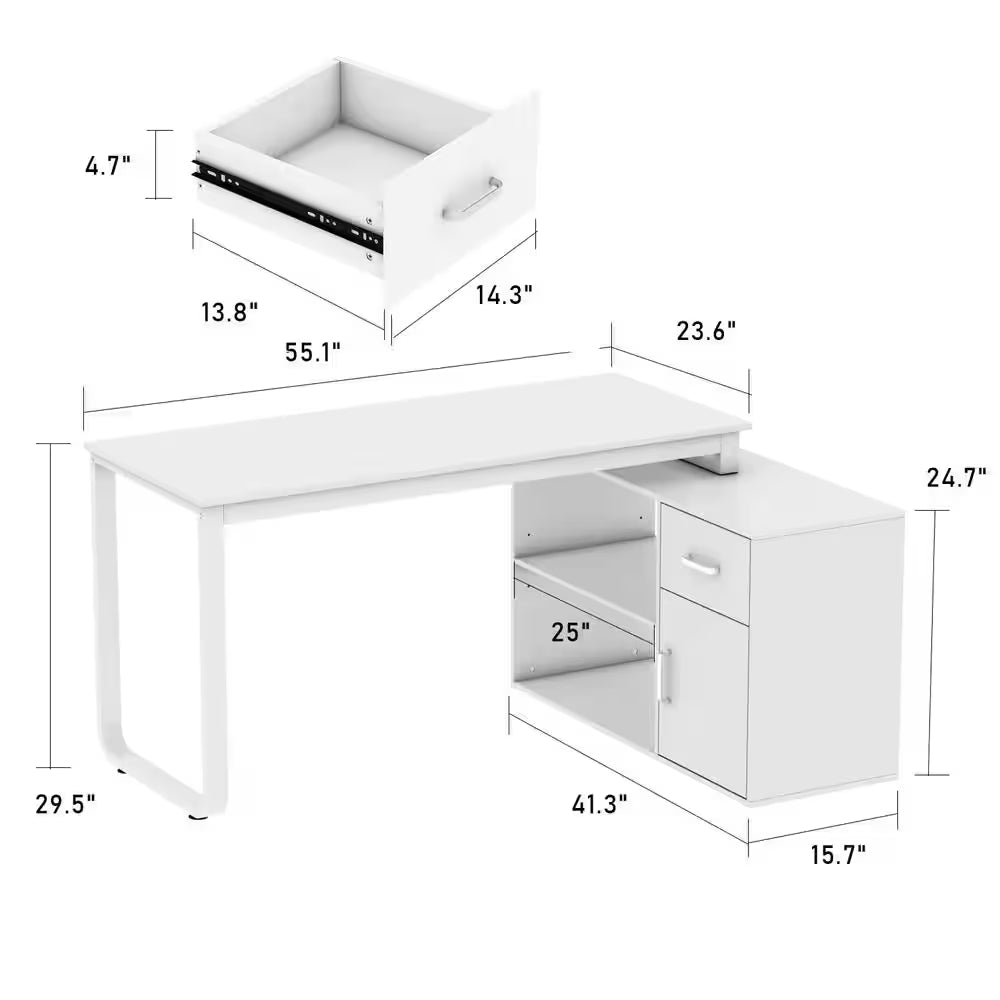 55.1" W : L-Shaped White Finish 1-Drawer Wooden Commercial Writing Desk with Open Shelves and Eco-Friendly Paint Finish - Tampa Home & Garden Store