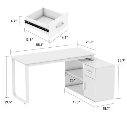55.1" W : L-Shaped White Finish 1-Drawer Wooden Commercial Writing Desk with Open Shelves and Eco-Friendly Paint Finish - Tampa Home & Garden Store