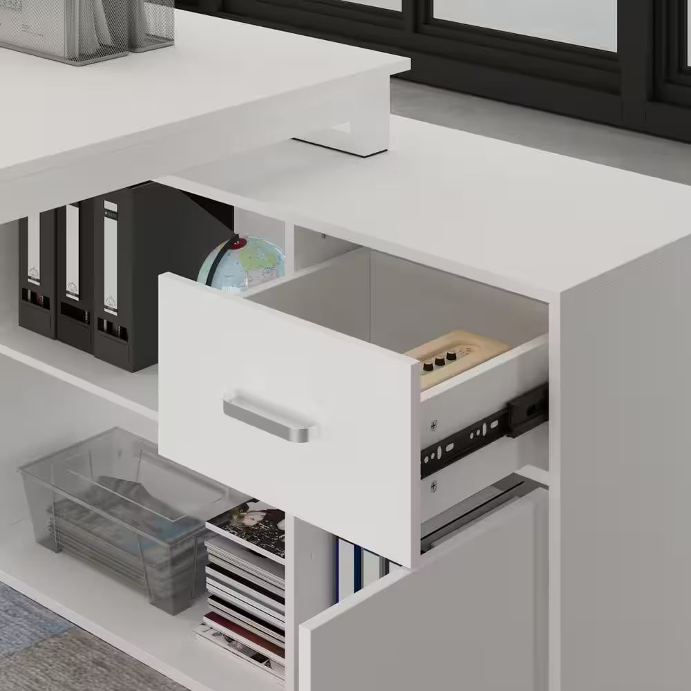 55.1" W : L-Shaped White Finish 1-Drawer Wooden Commercial Writing Desk with Open Shelves and Eco-Friendly Paint Finish - Tampa Home & Garden Store