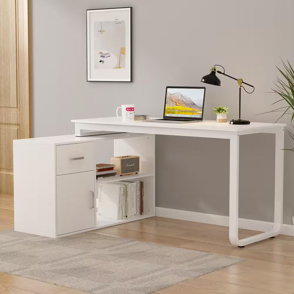 55.1" W : L-Shaped White Finish 1-Drawer Wooden Commercial Writing Desk with Open Shelves and Eco-Friendly Paint Finish - Tampa Home & Garden Store