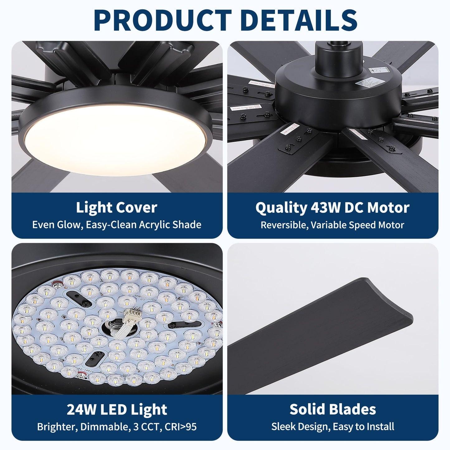 Large ceiling fan by HouseOfZazla dimmable LED light, 8 blades, remote, reversible motor on Tampa Home & Garden Store
