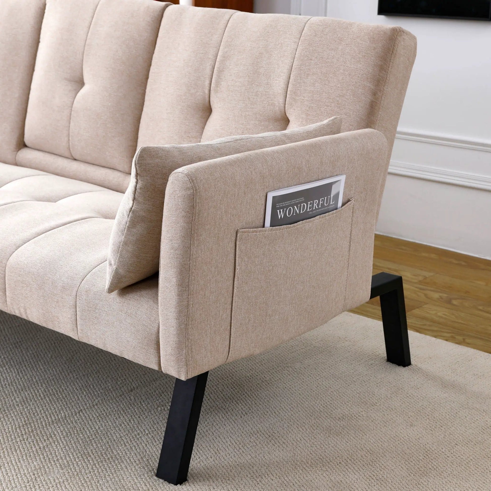 Sofa Bed Futon by Unique Piece Furniture in beige fabric with foldable design and cup holder on Tampa Home & Garden Store