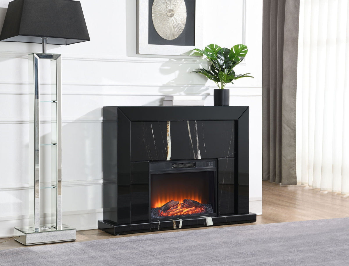 Drisana Mirrored Fireplace Black marble-grain design with ember glow; mantel plant and books on Tampa Home & Garden Store