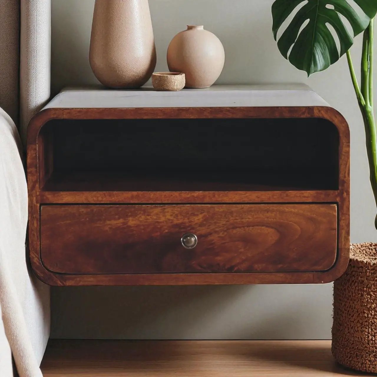 Curved Upper Slot Floating Nightstand with Drawer