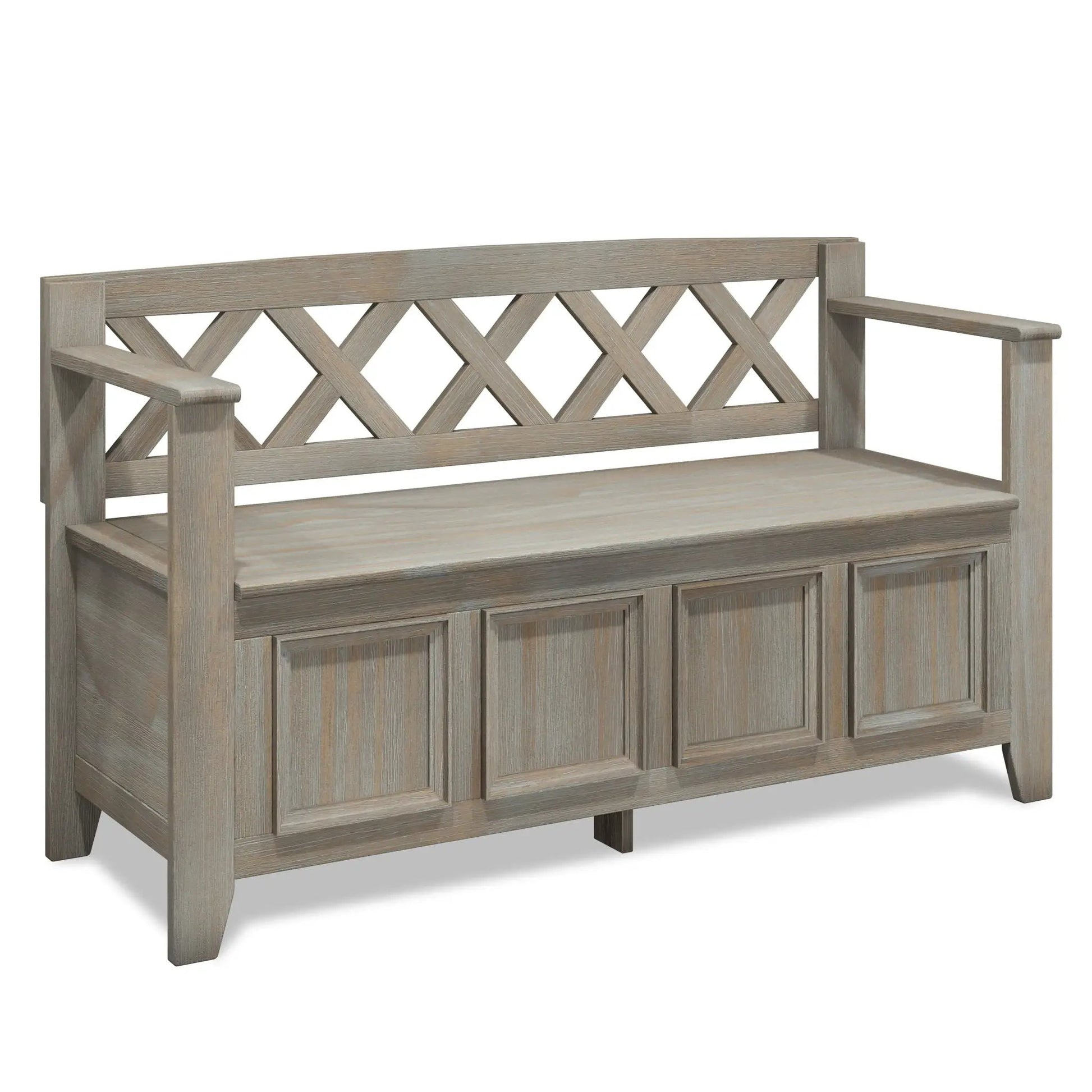Amherst Entryway Storage Bench weathered gray lattice back Unique Piece Furniture on Tampa Home & Garden Store
