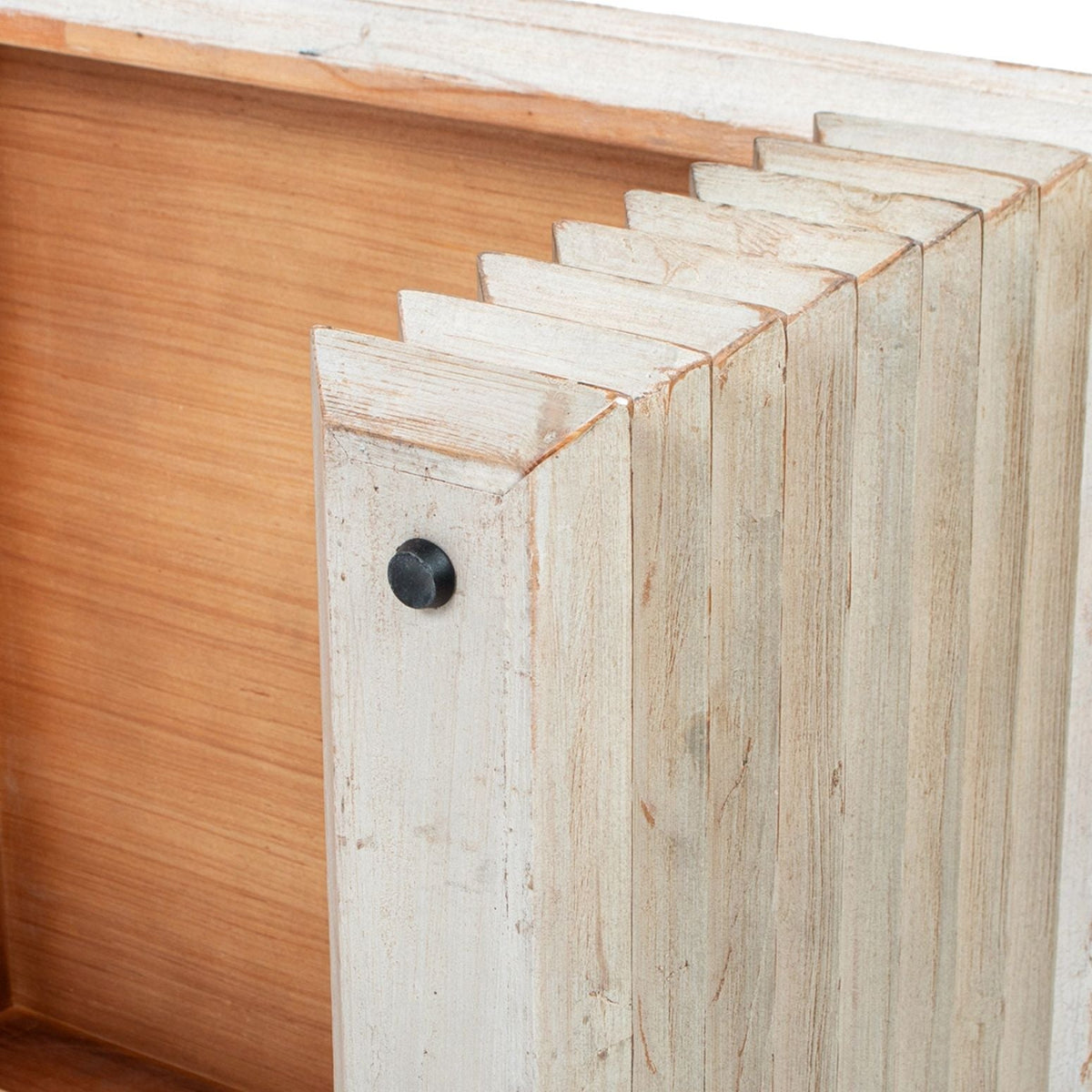 Geometric waterfall console table whitewashed solid wood with stepped edge detailing on Tampa Home & Garden Store