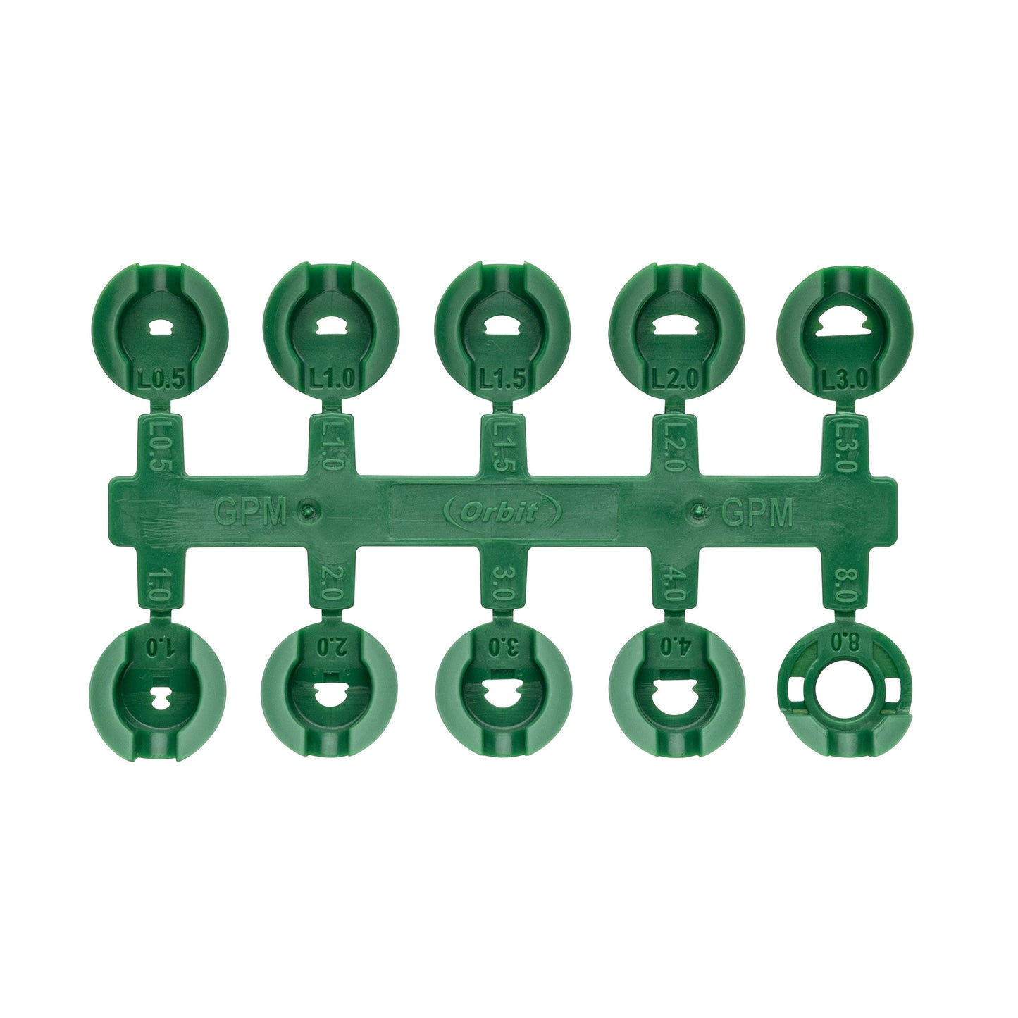 Orbit Voyager gear-drive rotor sprinkler nozzle rack with five green nozzles labeled L0.5–L3.0 on Tampa Home & Garden Store