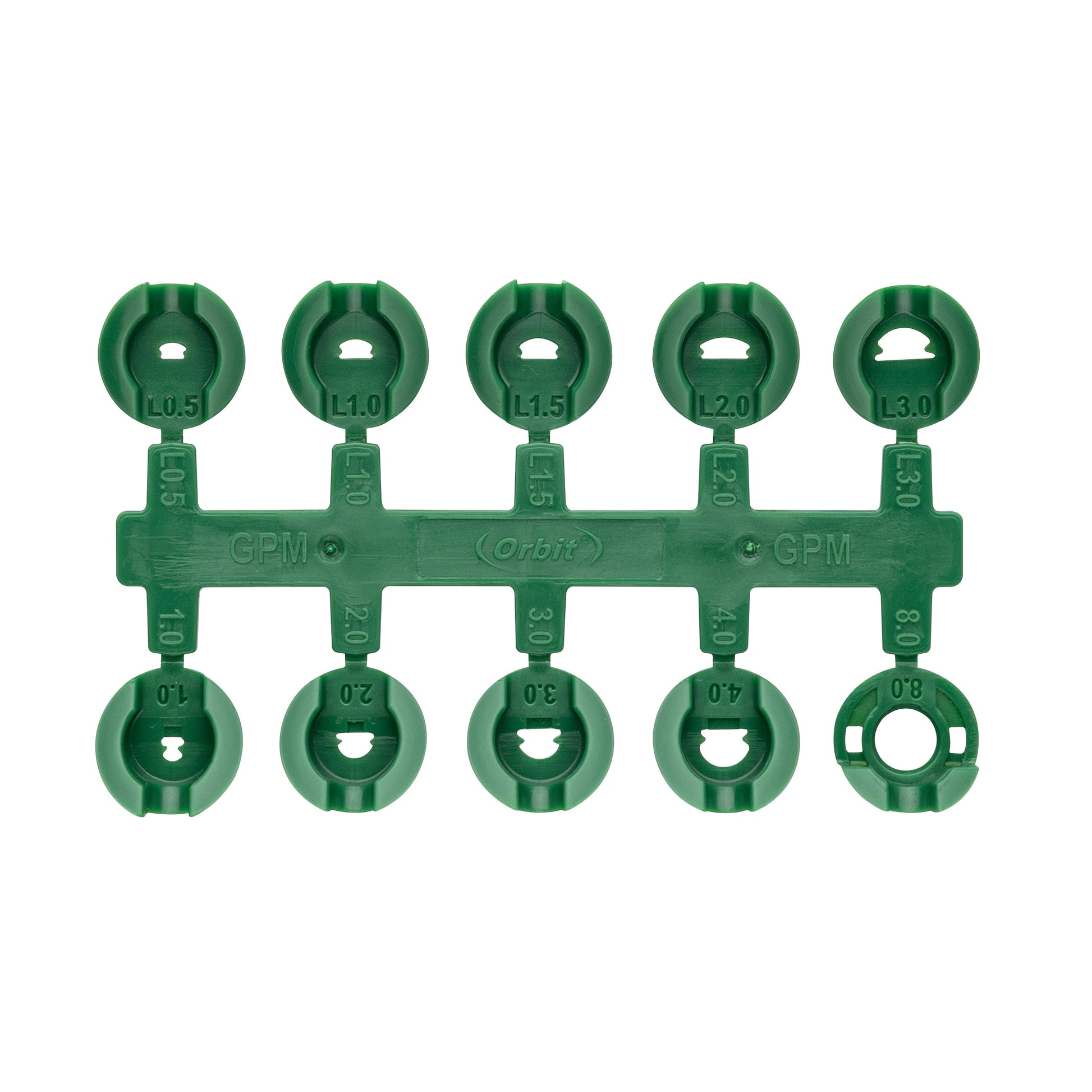 Orbit Voyager gear-drive rotor sprinkler nozzle rack with five green nozzles labeled L0.5–L3.0 on Tampa Home & Garden Store