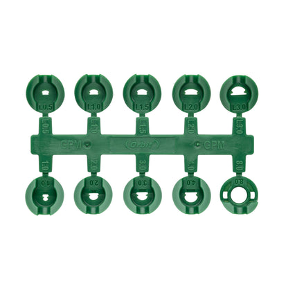 Orbit Voyager gear-drive rotor sprinkler nozzle rack with five green nozzles labeled L0.5–L3.0 on Tampa Home & Garden Store