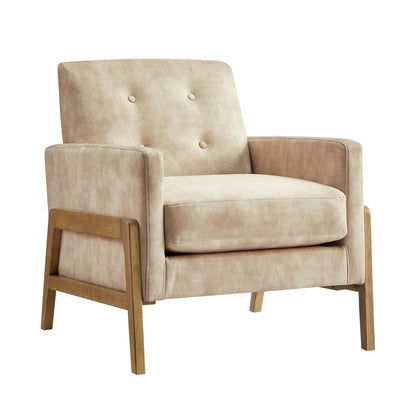 Tufted back accent arm chair in light beige velvet with wooden legs HouseOfZazla on Tampa Home & Garden Store
