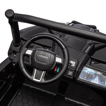 Side-by-side 4x4 ride-on off-road truck interior with black steering wheel and digital dashboard on Tampa Home & Garden Store