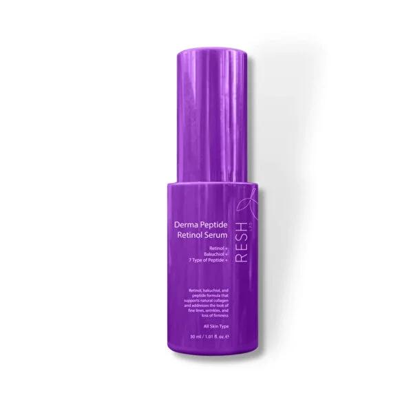 Resh Lab Retinol Serum face serum bottle, purple plastic with Derma Peptide label by Beauty Care Bag on Tampa Home & Garden Store