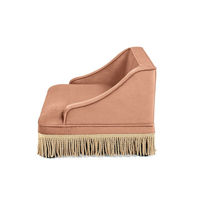 Duchess cat bed sofa in peachy tan velvet with curved arms and beige fringe trim on Tampa Home & Garden Store