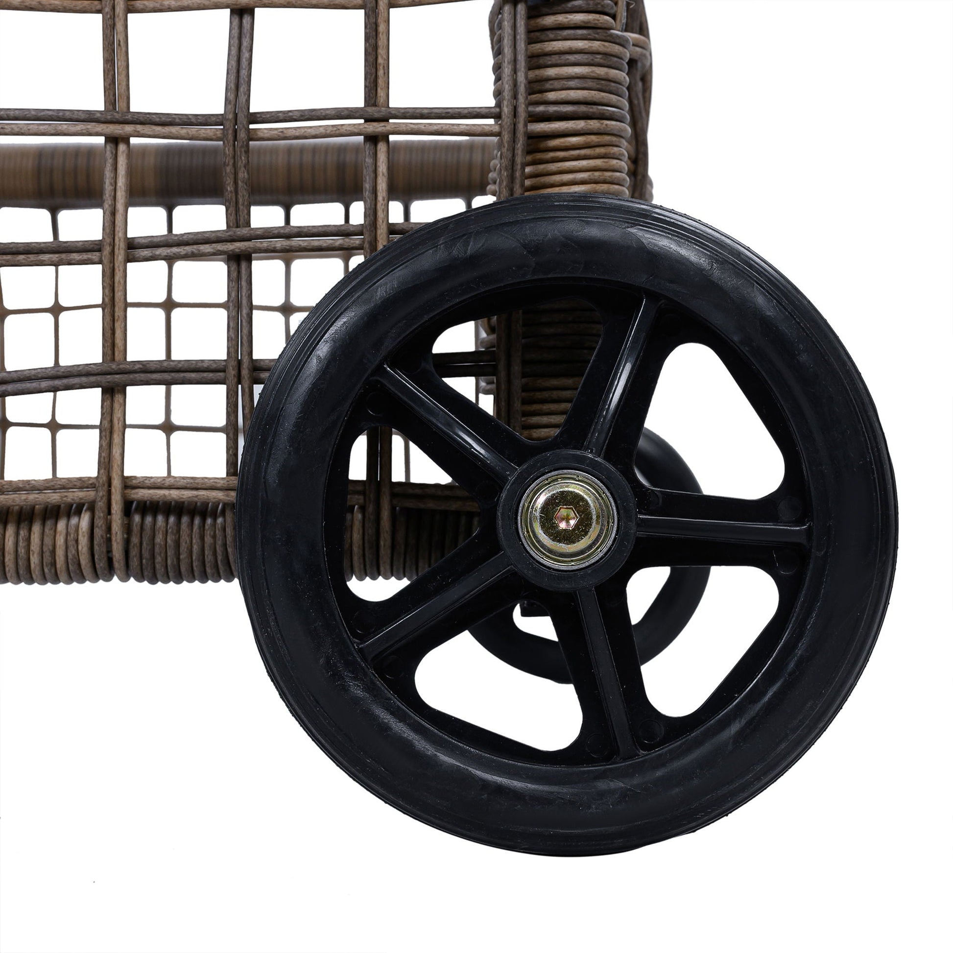 Outdoor chaise sunlounger wheel close-up with brown wicker frame HouseOfZazla on Tampa Home & Garden Store