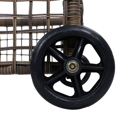 Outdoor chaise sunlounger wheel close-up with brown wicker frame HouseOfZazla on Tampa Home & Garden Store