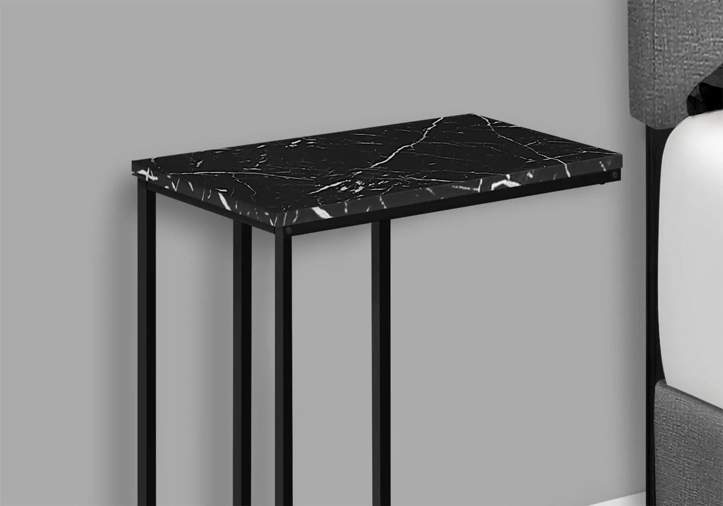 Accent table C-shaped marble-look black top with black metal legs, modern chair side table on Tampa Home & Garden Store