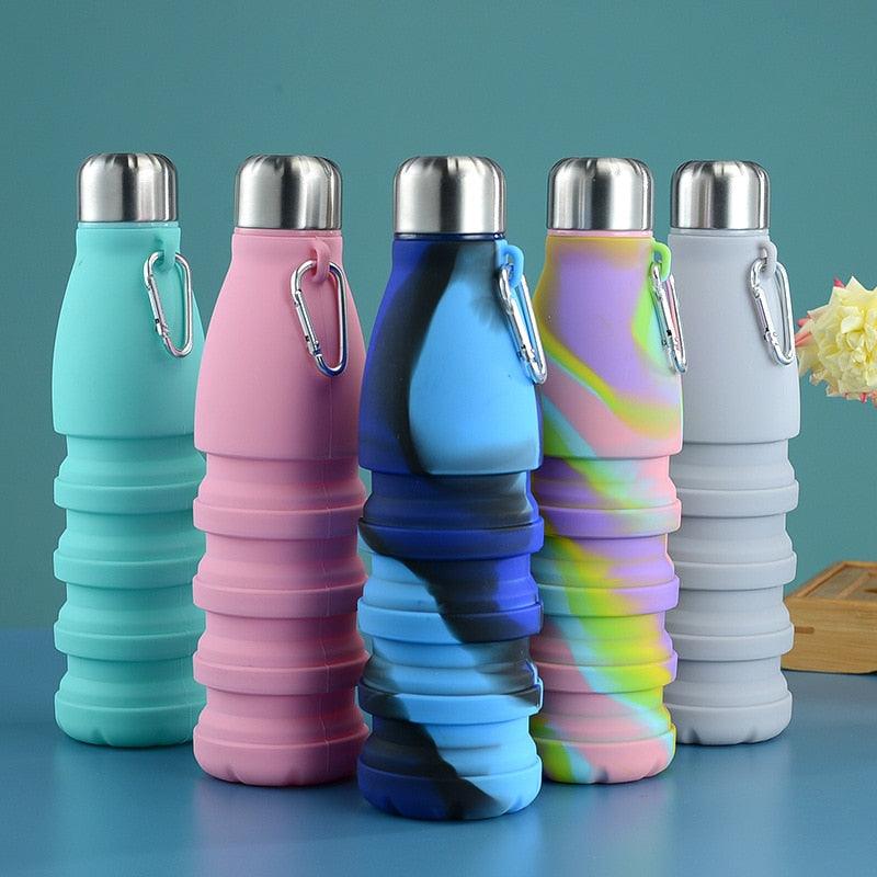 Stevvex 550ml foldable silicone water bottle set of five with carabiner in assorted colors on Tampa Home & Garden Store