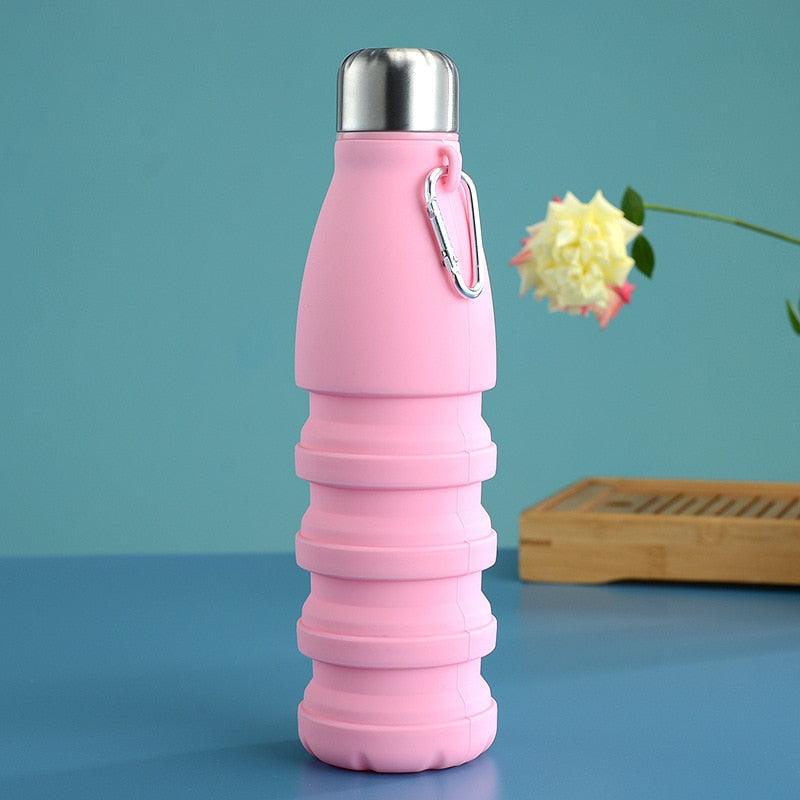 550ML pink silicone foldable water bottle by Stevvex with stainless steel cap and carabiner on Tampa Home & Garden Store