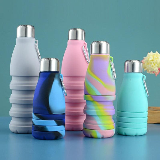 Stevvex 550ML folding silicone water bottle set with five colors and metal cap on Tampa Home & Garden Store