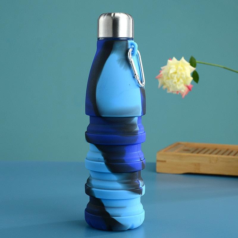 Stevvex 550ML silicone folding water bottle with stainless cap, blue gradient collapsible on Tampa Home & Garden Store