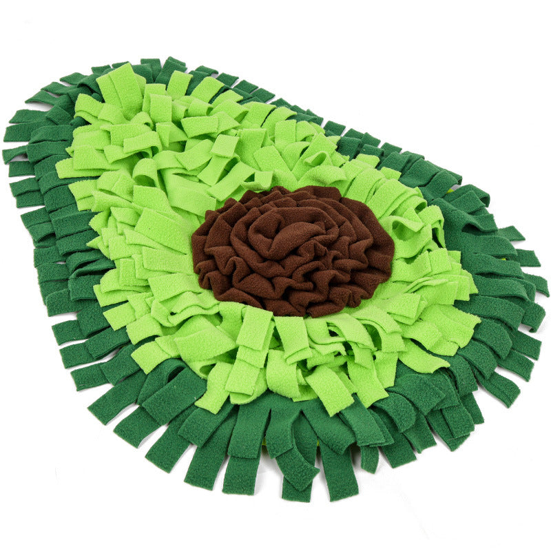 Dog snuffle mat with lime green fleece strips and brown center, green outer fringe on Tampa Home & Garden Store