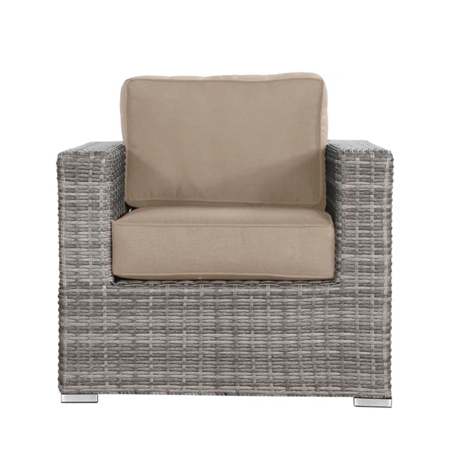 Patio arm chair, beige cushions, grey wicker frame on Tampa Home & Garden Store