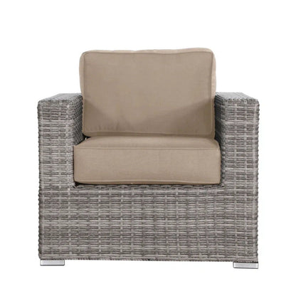 Patio arm chair, beige cushions, grey wicker frame on Tampa Home & Garden Store