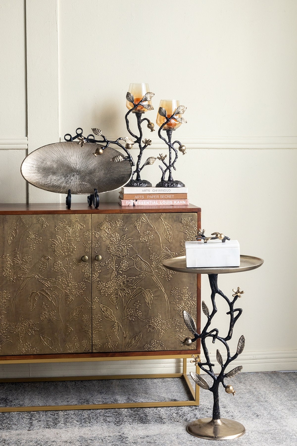 13.8x13.8x24 Black and Gold Aluminum Side Table with Pomegranate Design end table on Tampa Home & Garden Store