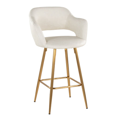 Cream upholstered contemporary fixed-height counter stool with curved back, footrest, gold legs on Tampa Home & Garden Store