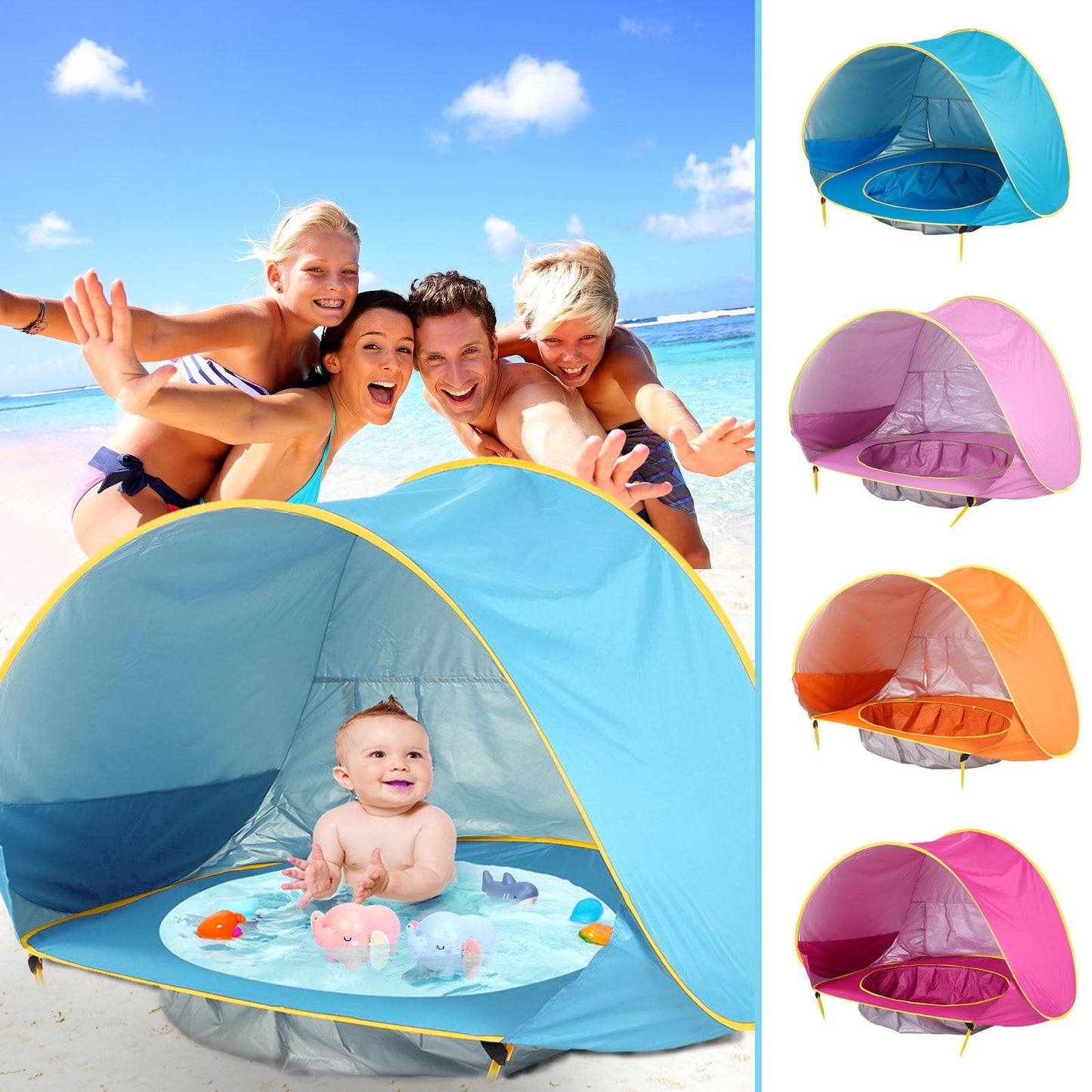 Baby Beach Tent UV shade for infants, blue with yellow trim, My Store brand; color variants on Tampa Home & Garden Store