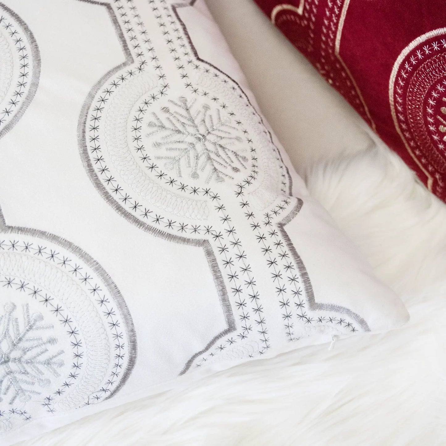 Holiday Throw Pillow Snowflake Embroidery