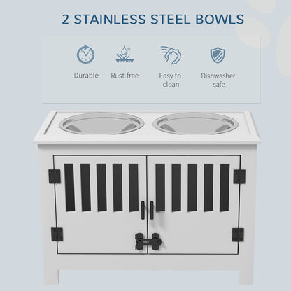 PawHut Large Elevated Dog Bowls with Storage Cabinet white stand holding 2 stainless steel bowls on Tampa Home & Garden Store
