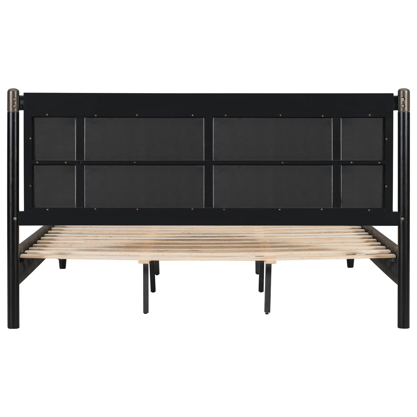 Solid wood king bed frame in black with bronze-tone posts and wooden slat base on Tampa Home & Garden Store