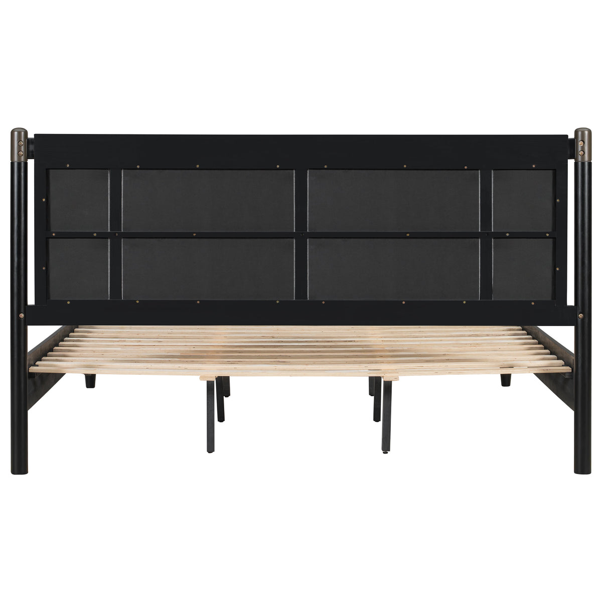 Solid wood king bed frame in black with bronze-tone posts and wooden slat base on Tampa Home & Garden Store