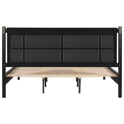 Solid wood king bed frame in black with bronze-tone posts and wooden slat base on Tampa Home & Garden Store
