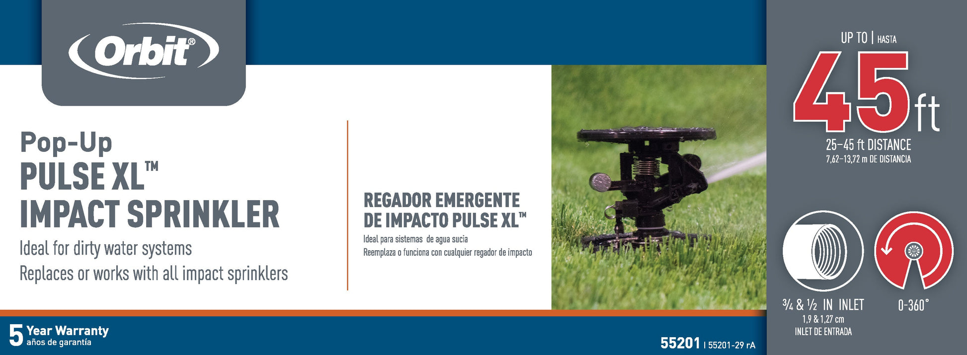 Orbit Pulse XL Pop-Up Impact Sprinkler in Canister for irrigation, black head on green lawn on Tampa Home & Garden Store