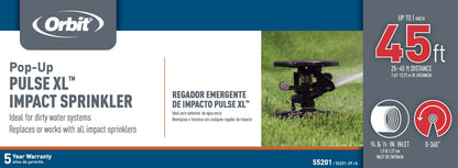 Orbit Pulse XL Pop-Up Impact Sprinkler in Canister for irrigation, black head on green lawn on Tampa Home & Garden Store