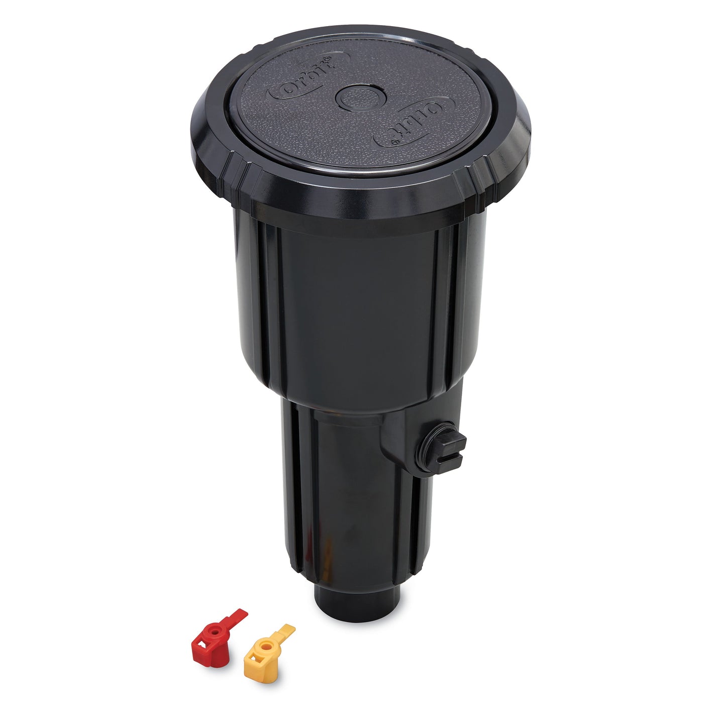 Orbit Pulse XL Pop-Up Rotor Sprinkler, black body with round lid; red and yellow keys included on Tampa Home & Garden Store