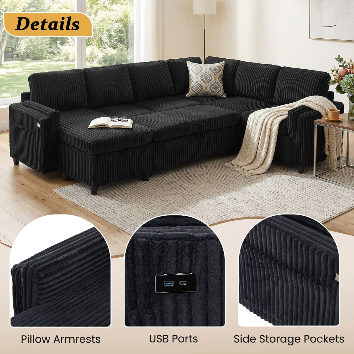 HouseOfZazla U-Shaped Sectional Sofa Bed black corduroy with USB ports and storage on Tampa Home & Garden Store