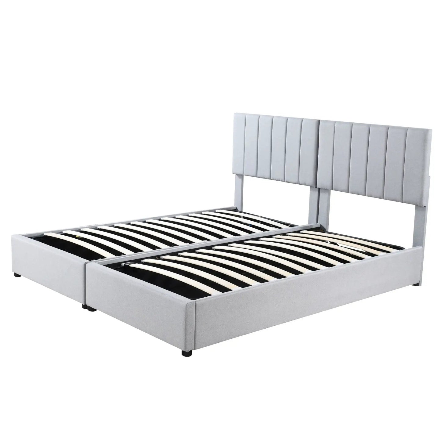 Upholstered platform storage bed in gray fabric with headboard by Unique Piece Furniture on Tampa Home & Garden Store