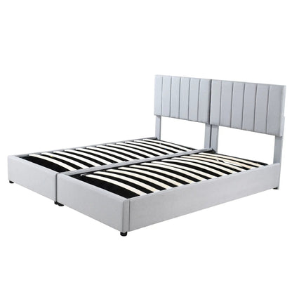 Upholstered platform storage bed in gray fabric with headboard by Unique Piece Furniture on Tampa Home & Garden Store
